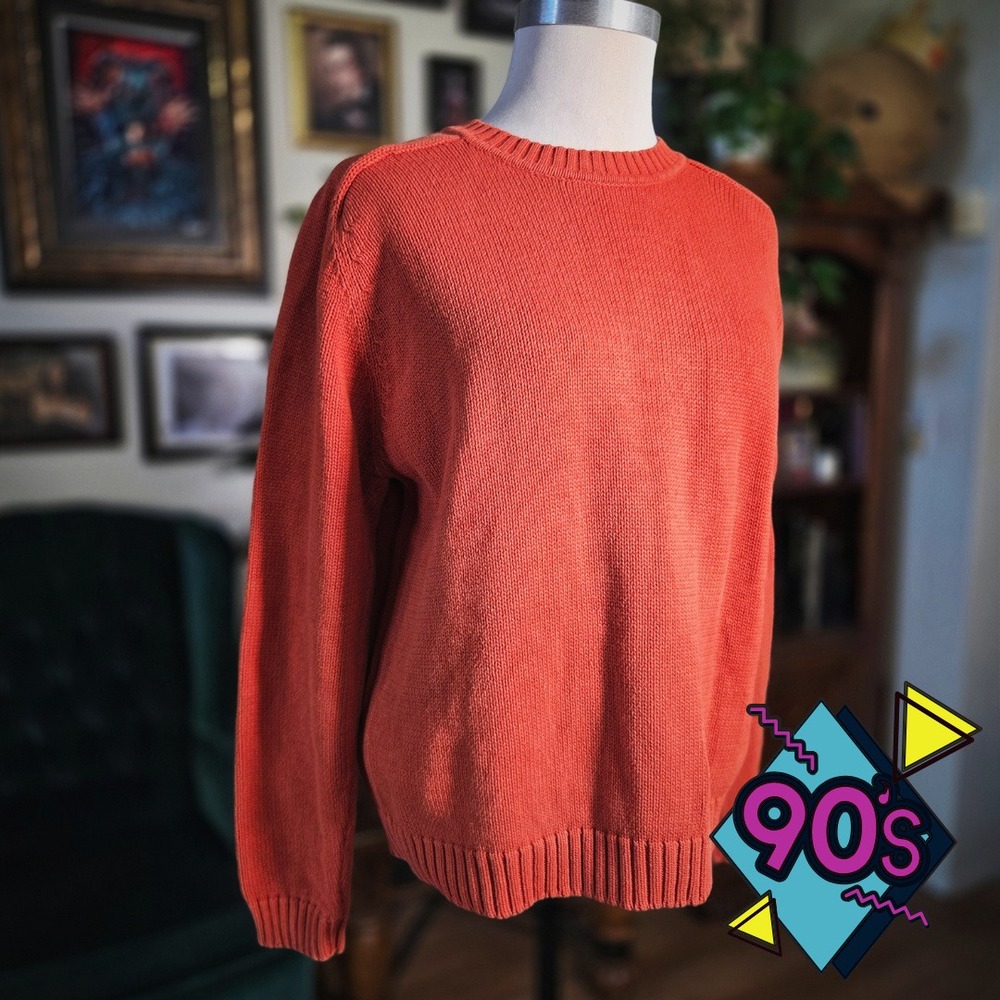 St Johns Bay Cotton Sweater Vintage 90s Orange Crewneck Knit Pullover Mens Large